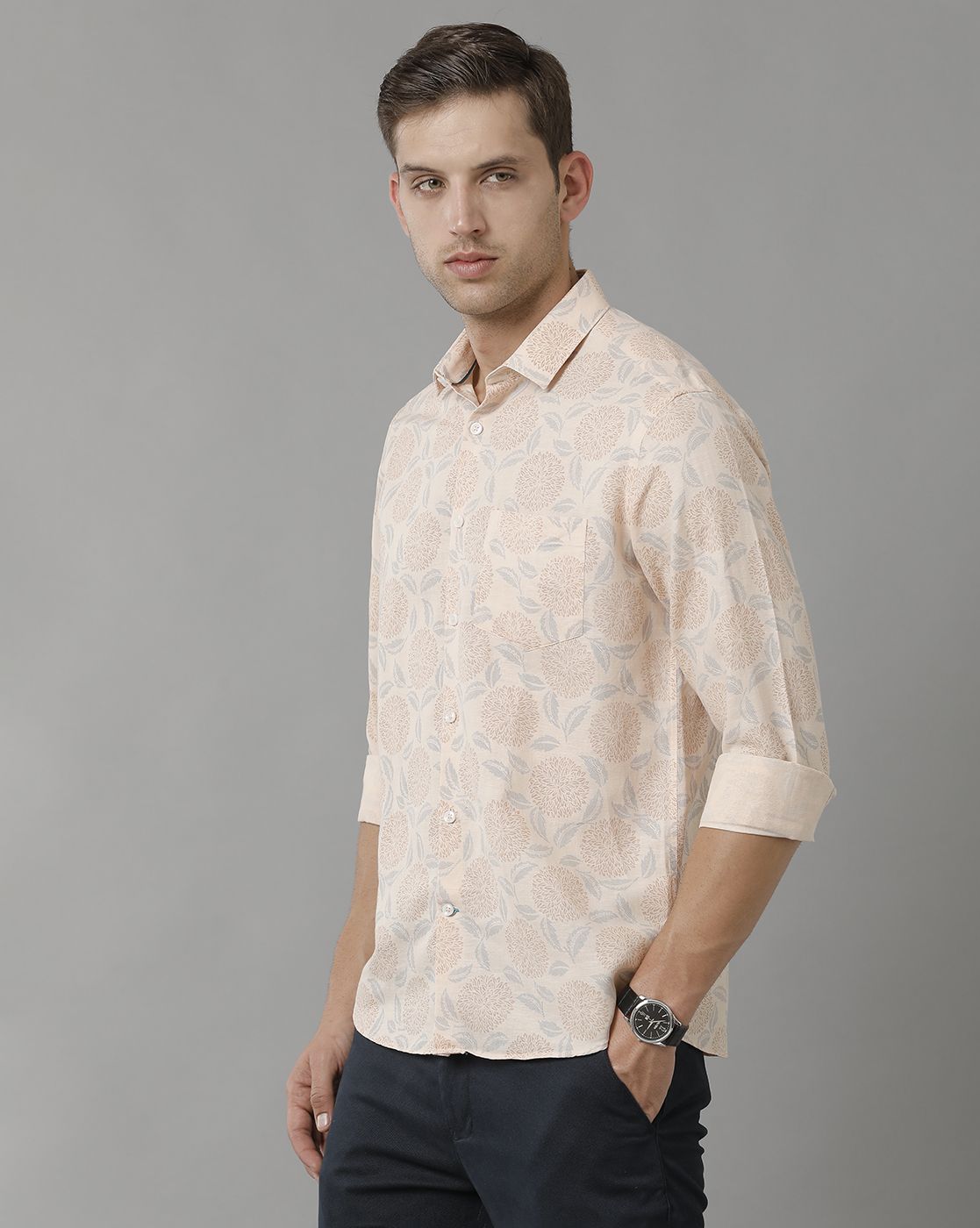 Men's Linen Rich Peach Printed Contemporary Fit Full Sleeve Sleeve Casual Shirt