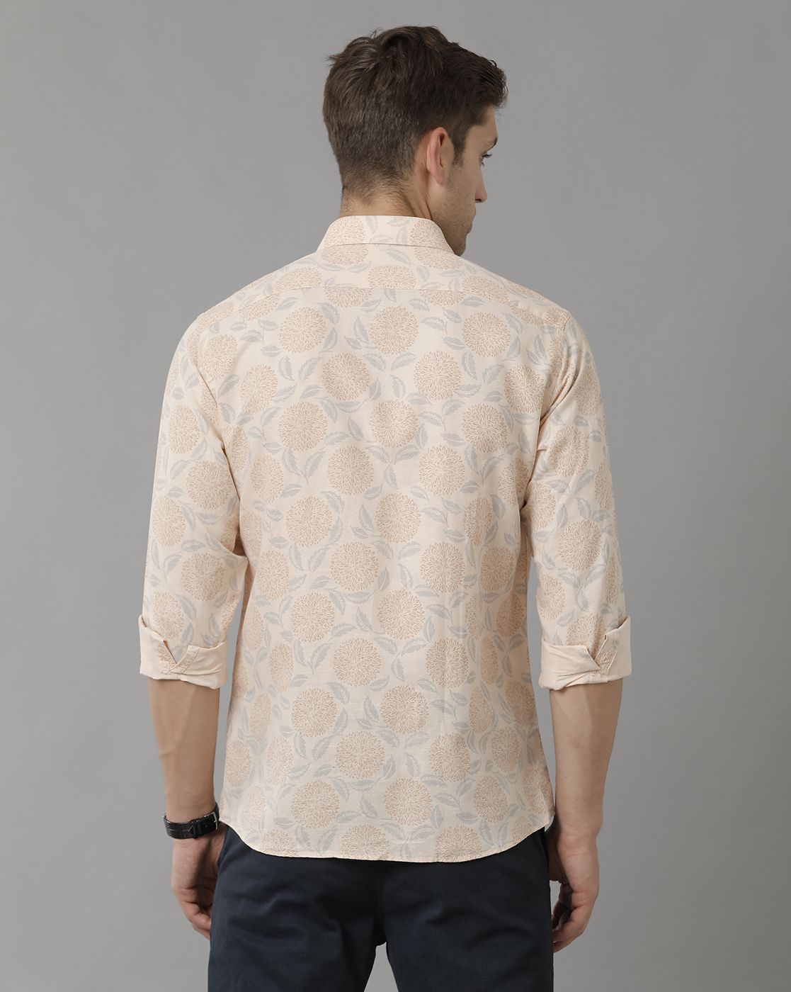 Men's Linen Rich Peach Printed Contemporary Fit Full Sleeve Sleeve Casual Shirt