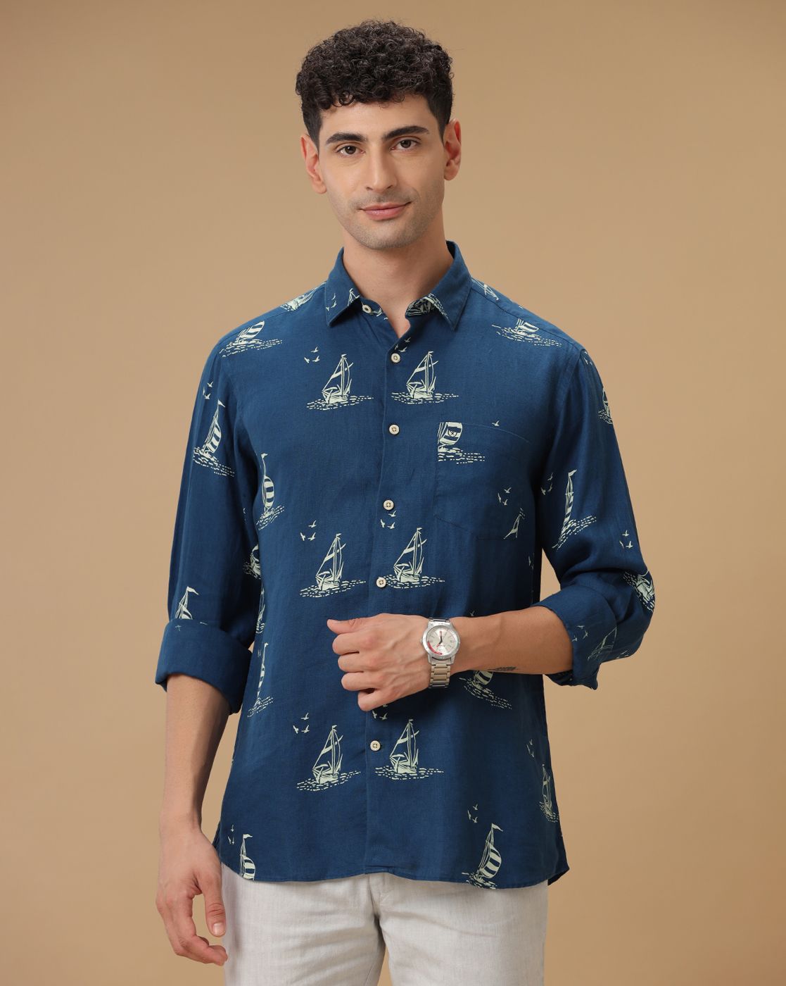 Men's Pure Linen Blue Printed Contemporary Fit Full Sleeve Casual Shirt