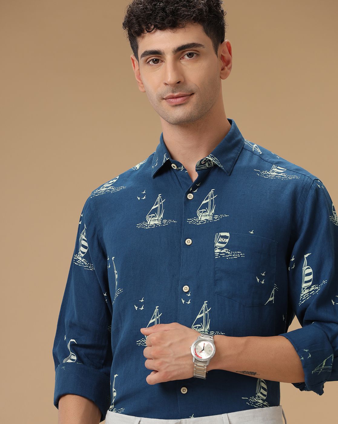 Men's Pure Linen Blue Printed Contemporary Fit Full Sleeve Casual Shirt