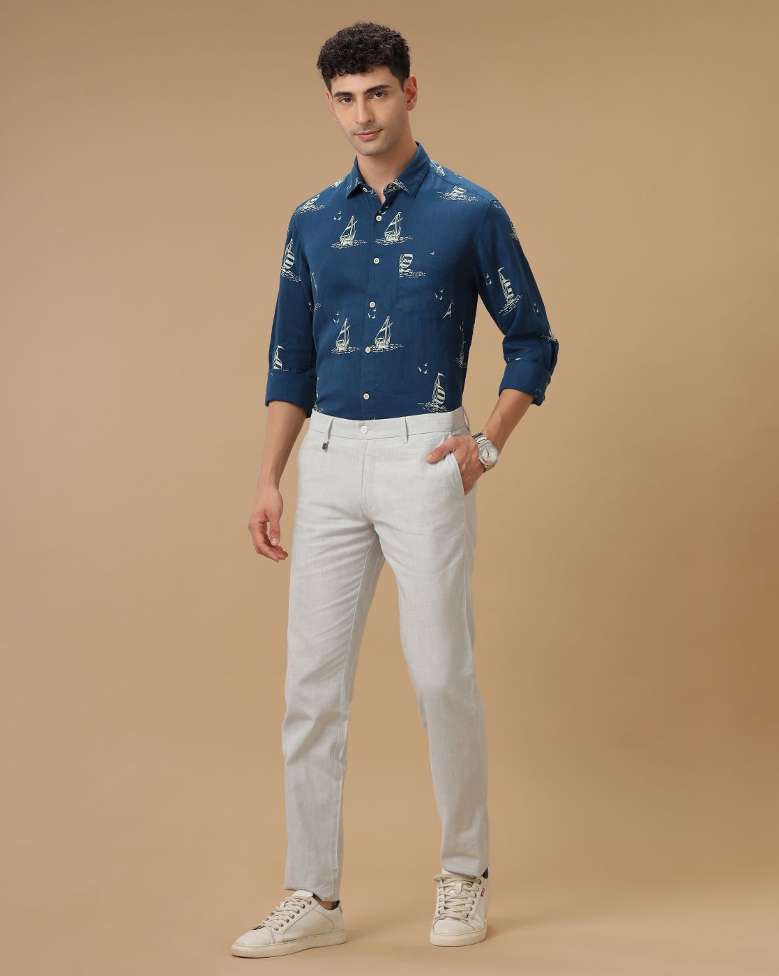 Men's Pure Linen Blue Printed Contemporary Fit Full Sleeve Casual Shirt