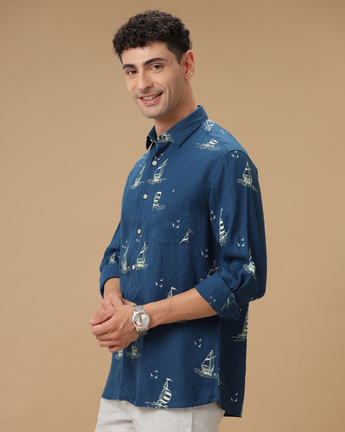Men's Pure Linen Blue Printed Contemporary Fit Full Sleeve Casual Shirt