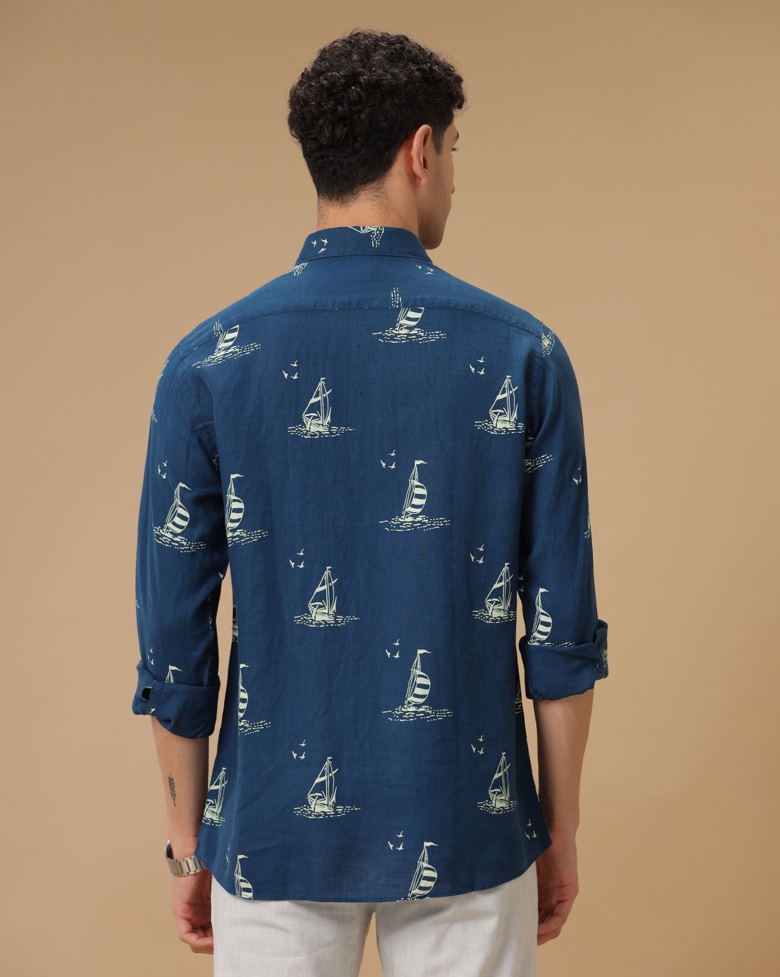 Men's Pure Linen Blue Printed Contemporary Fit Full Sleeve Casual Shirt