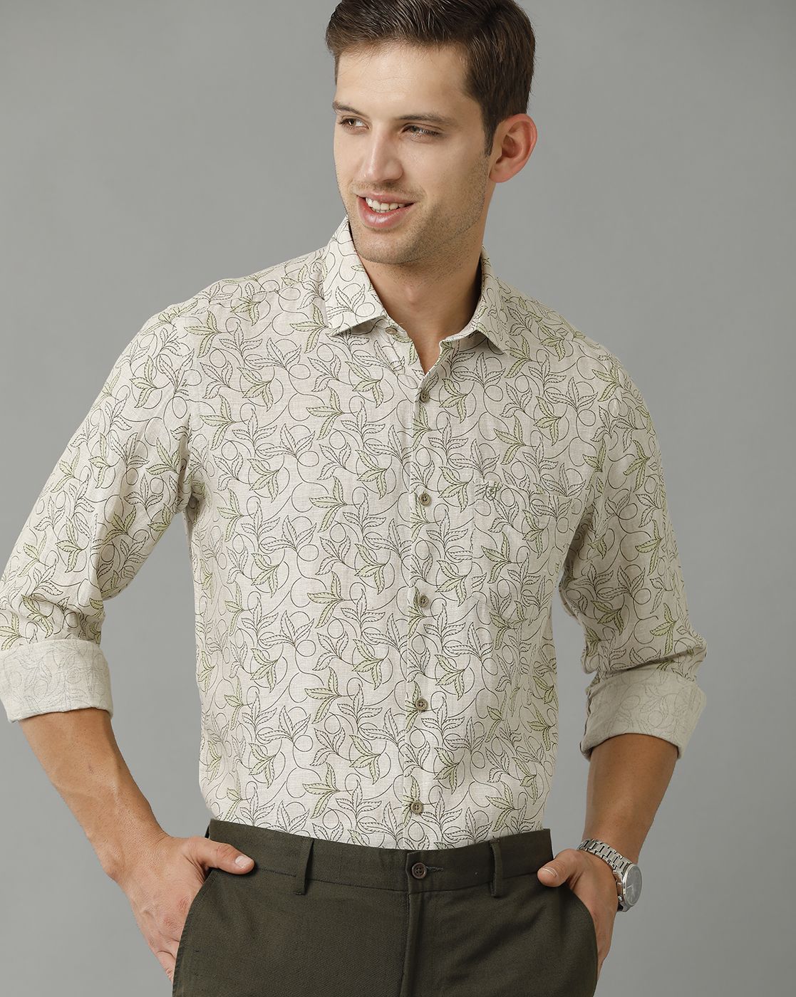 Men's Pure Linen Green Printed Contemporary Fit Full Sleeve Sleeve Casual Shirt