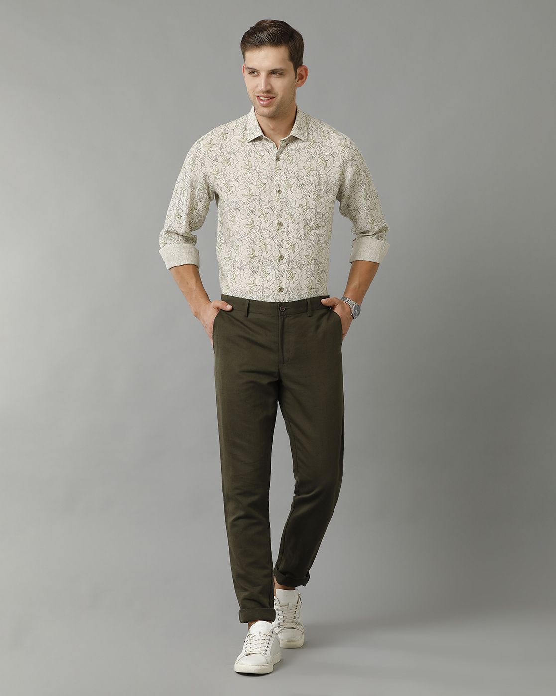 Men's Pure Linen Green Printed Contemporary Fit Full Sleeve Sleeve Casual Shirt