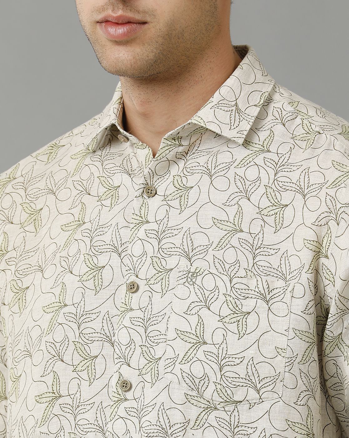 Men's Pure Linen Green Printed Contemporary Fit Full Sleeve Sleeve Casual Shirt