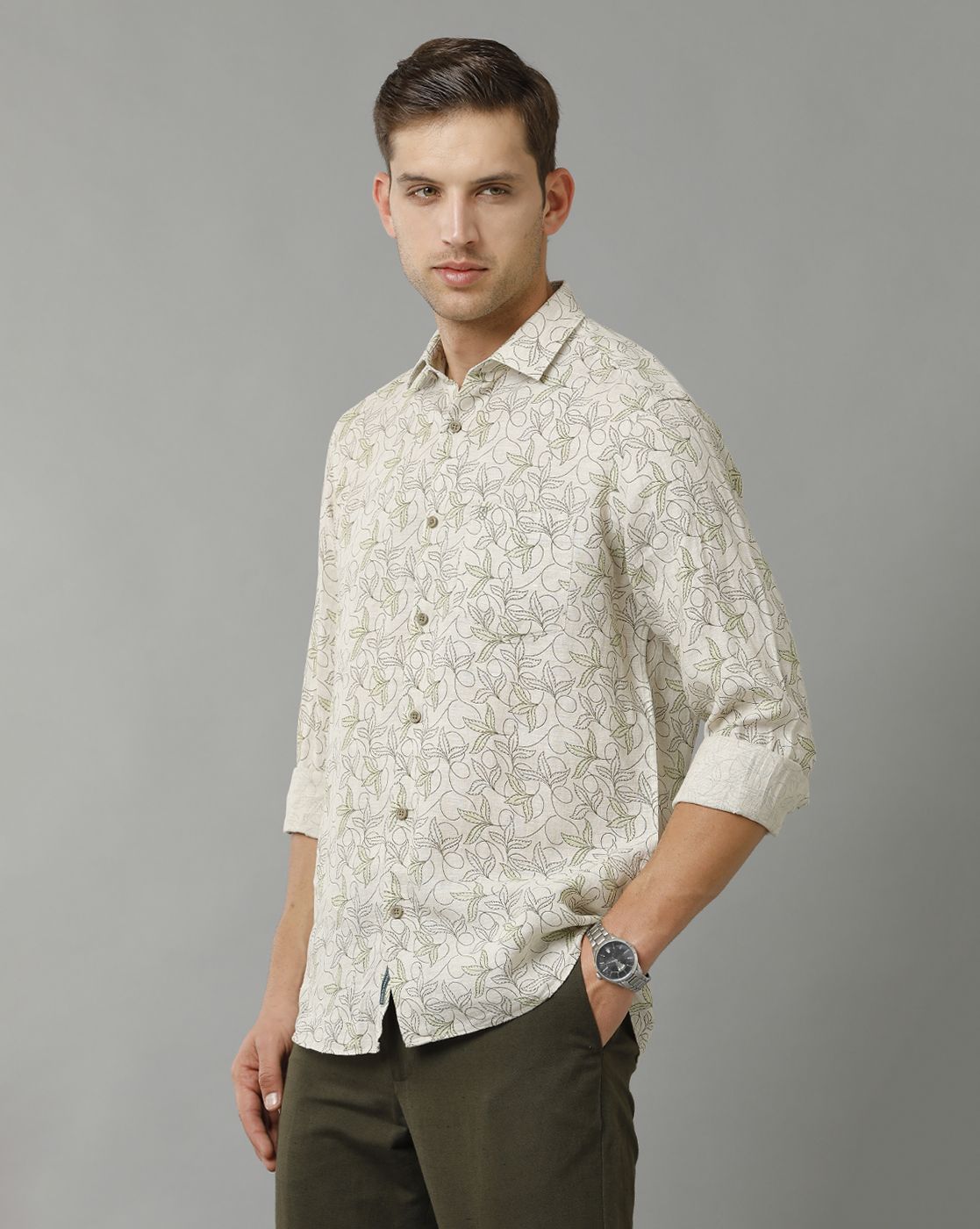 Men's Pure Linen Green Printed Contemporary Fit Full Sleeve Sleeve Casual Shirt
