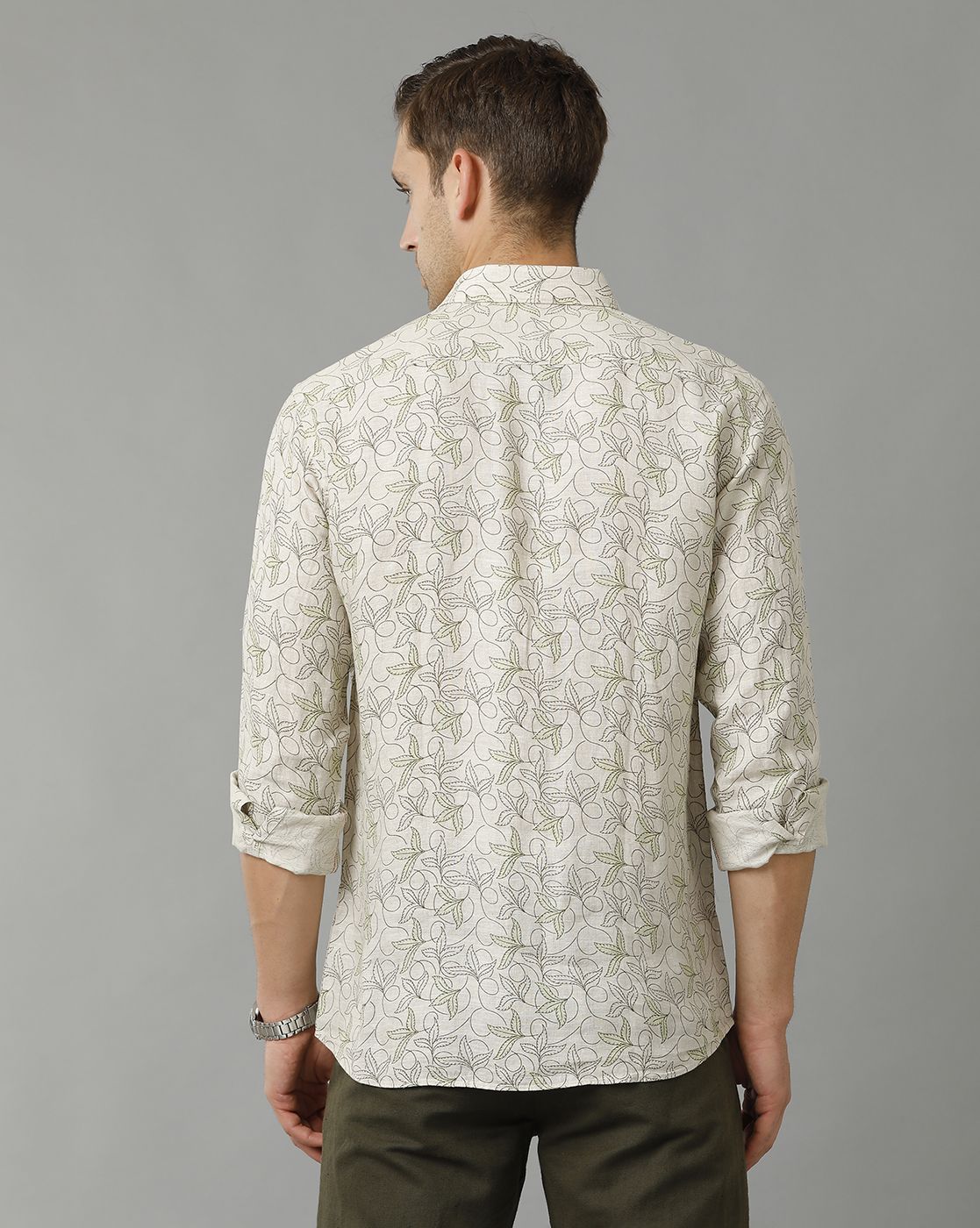 Men's Pure Linen Green Printed Contemporary Fit Full Sleeve Sleeve Casual Shirt