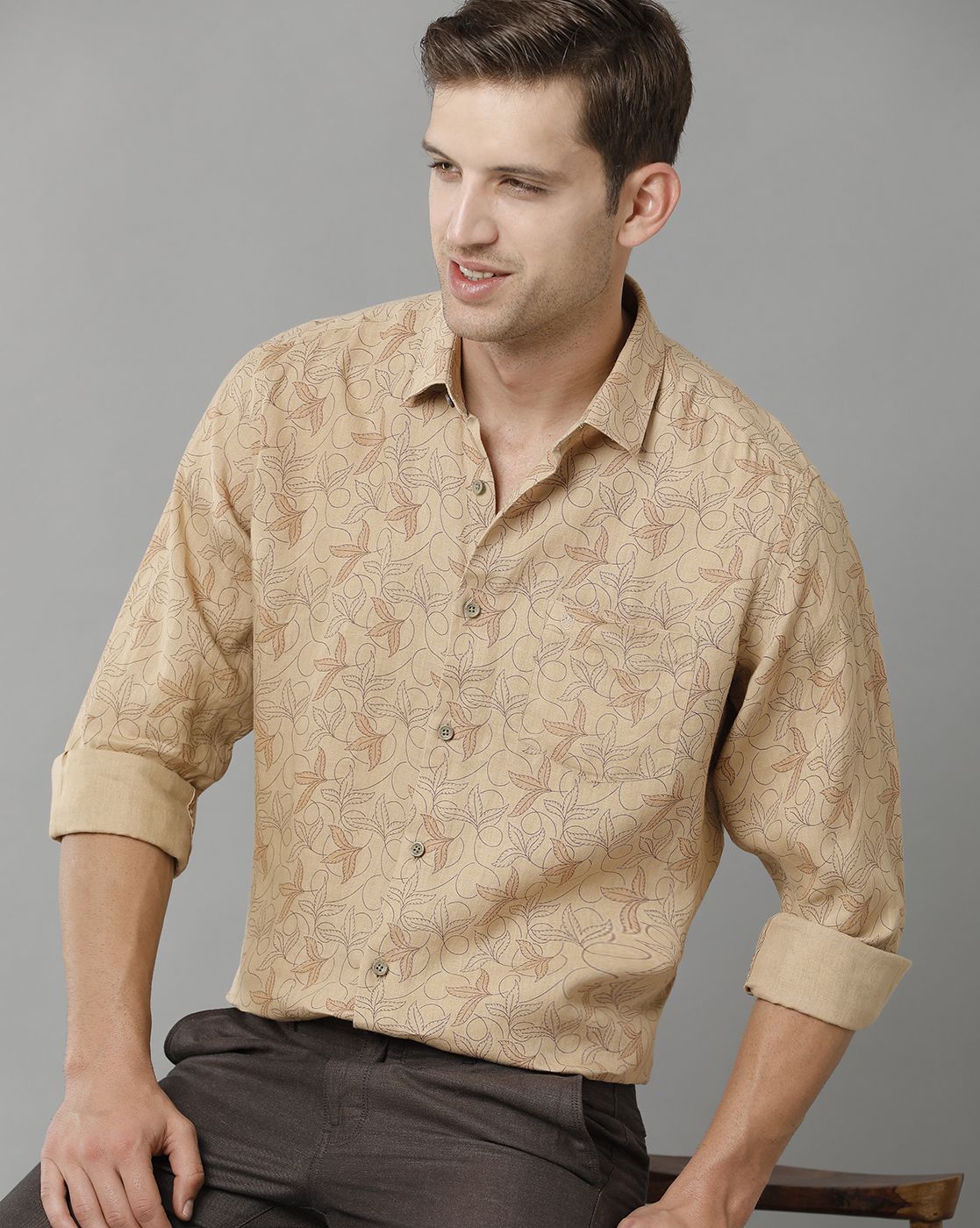 Men's Pure Linen Brown Printed Contemporary Fit Full Sleeve Sleeve Casual Shirt
