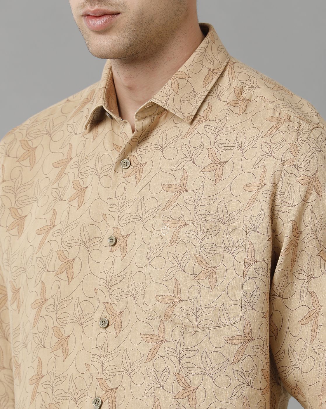 Men's Pure Linen Brown Printed Contemporary Fit Full Sleeve Sleeve Casual Shirt