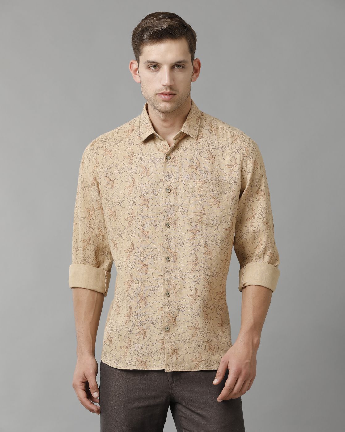 Men's Pure Linen Brown Printed Contemporary Fit Full Sleeve Sleeve Casual Shirt