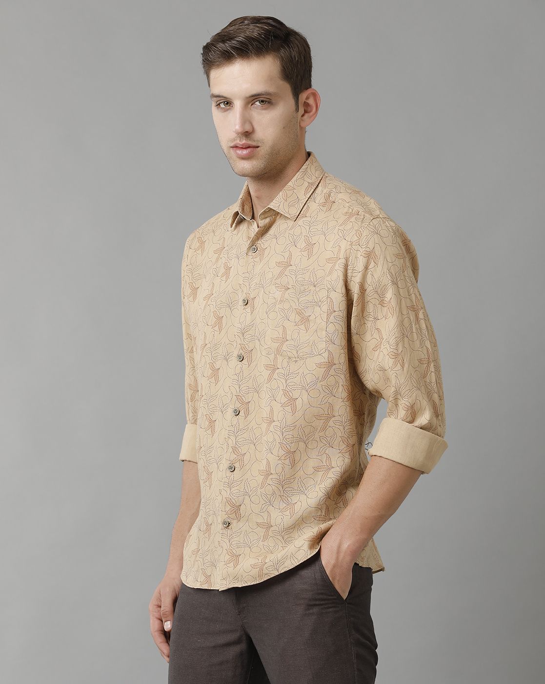 Men's Pure Linen Brown Printed Contemporary Fit Full Sleeve Sleeve Casual Shirt