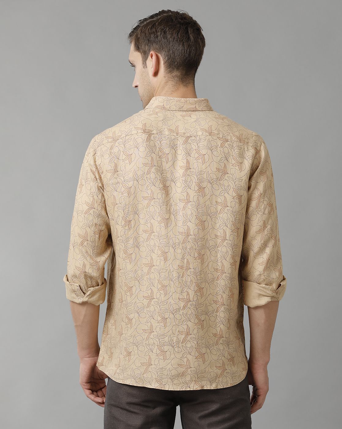 Men's Pure Linen Brown Printed Contemporary Fit Full Sleeve Sleeve Casual Shirt