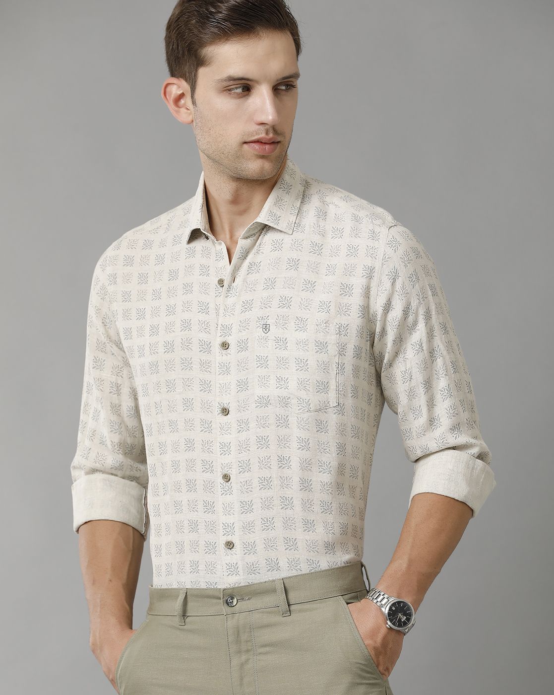 Men's Pure Linen Grey Printed Contemporary Fit Full Sleeve Sleeve Casual Shirt