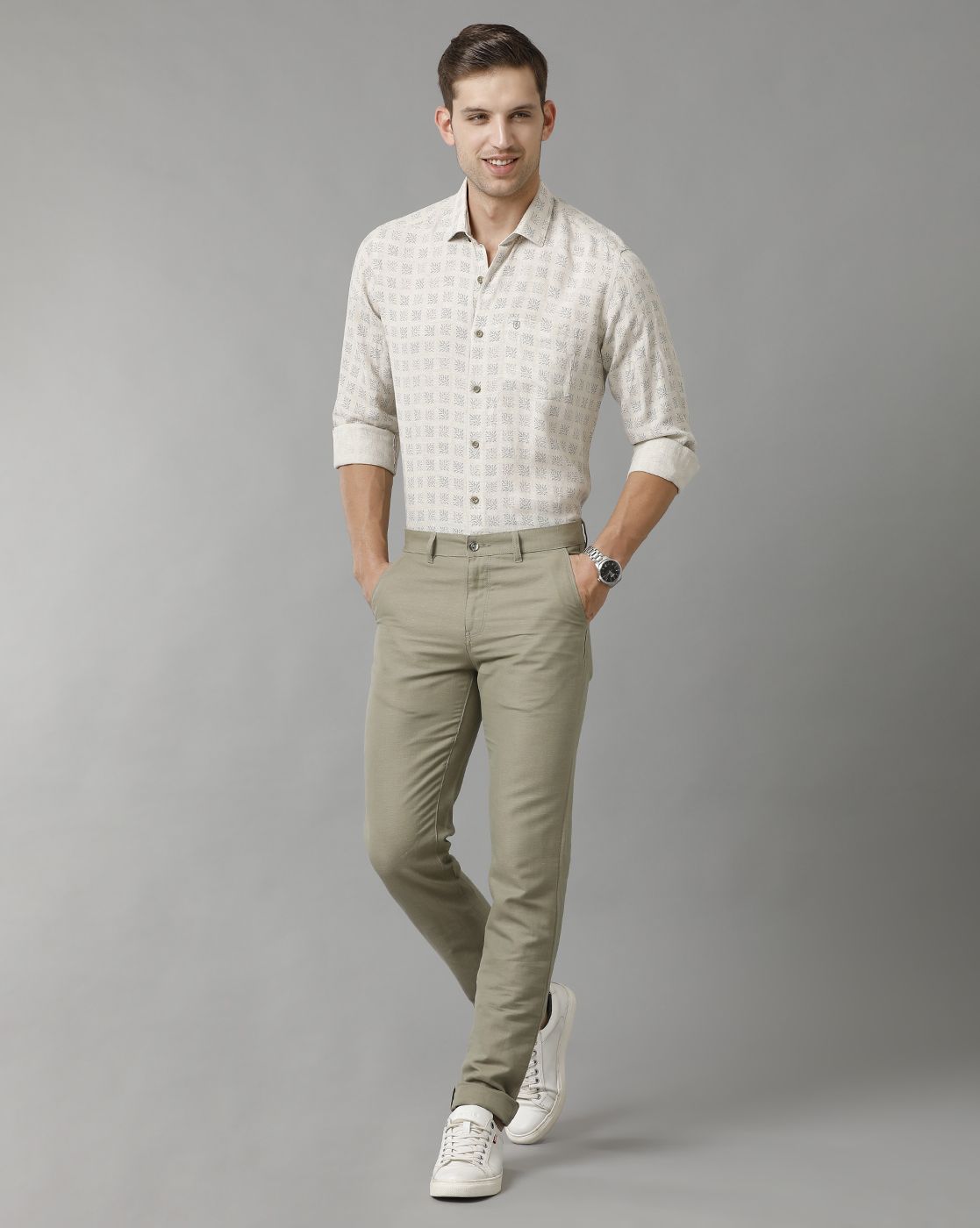 Men's Pure Linen Grey Printed Contemporary Fit Full Sleeve Sleeve Casual Shirt