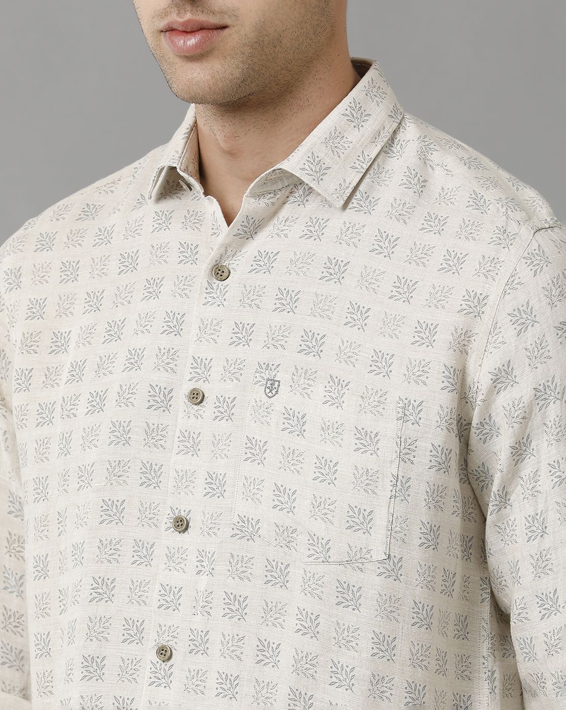 Men's Pure Linen Grey Printed Contemporary Fit Full Sleeve Sleeve Casual Shirt