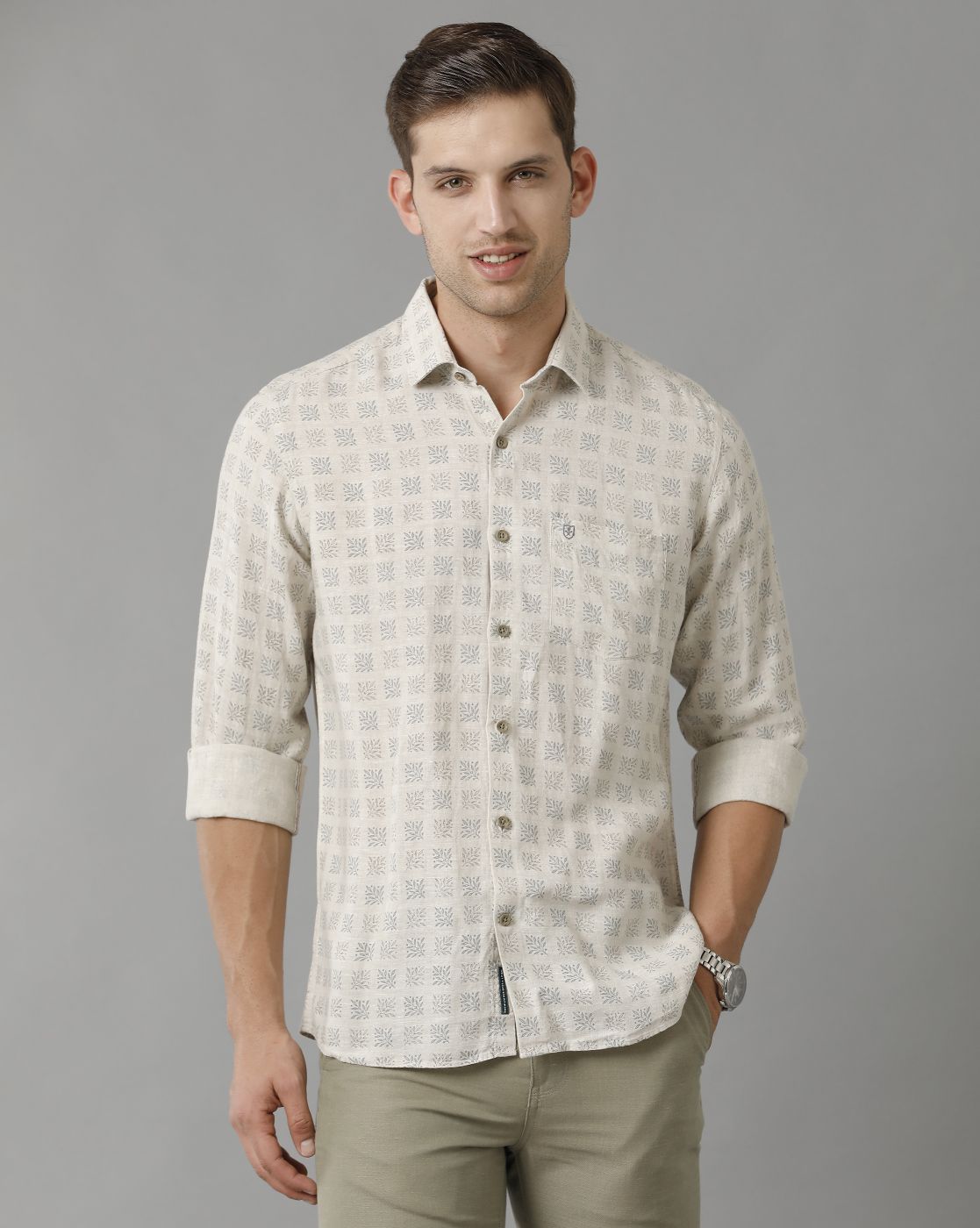 Men's Pure Linen Grey Printed Contemporary Fit Full Sleeve Sleeve Casual Shirt
