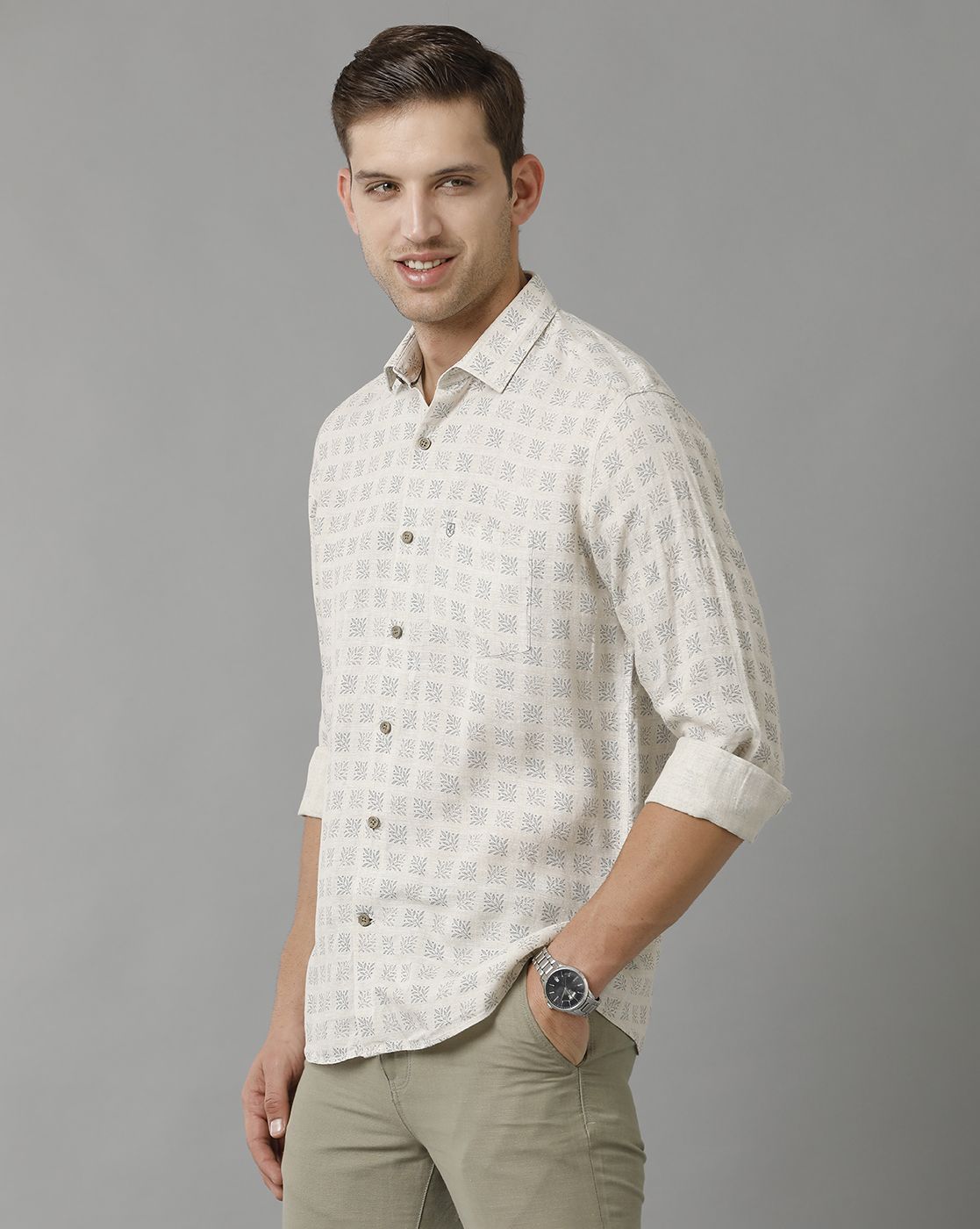 Men's Pure Linen Grey Printed Contemporary Fit Full Sleeve Sleeve Casual Shirt