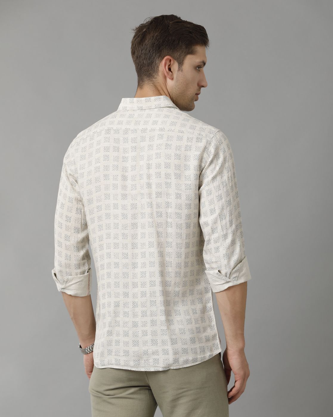 Men's Pure Linen Grey Printed Contemporary Fit Full Sleeve Sleeve Casual Shirt