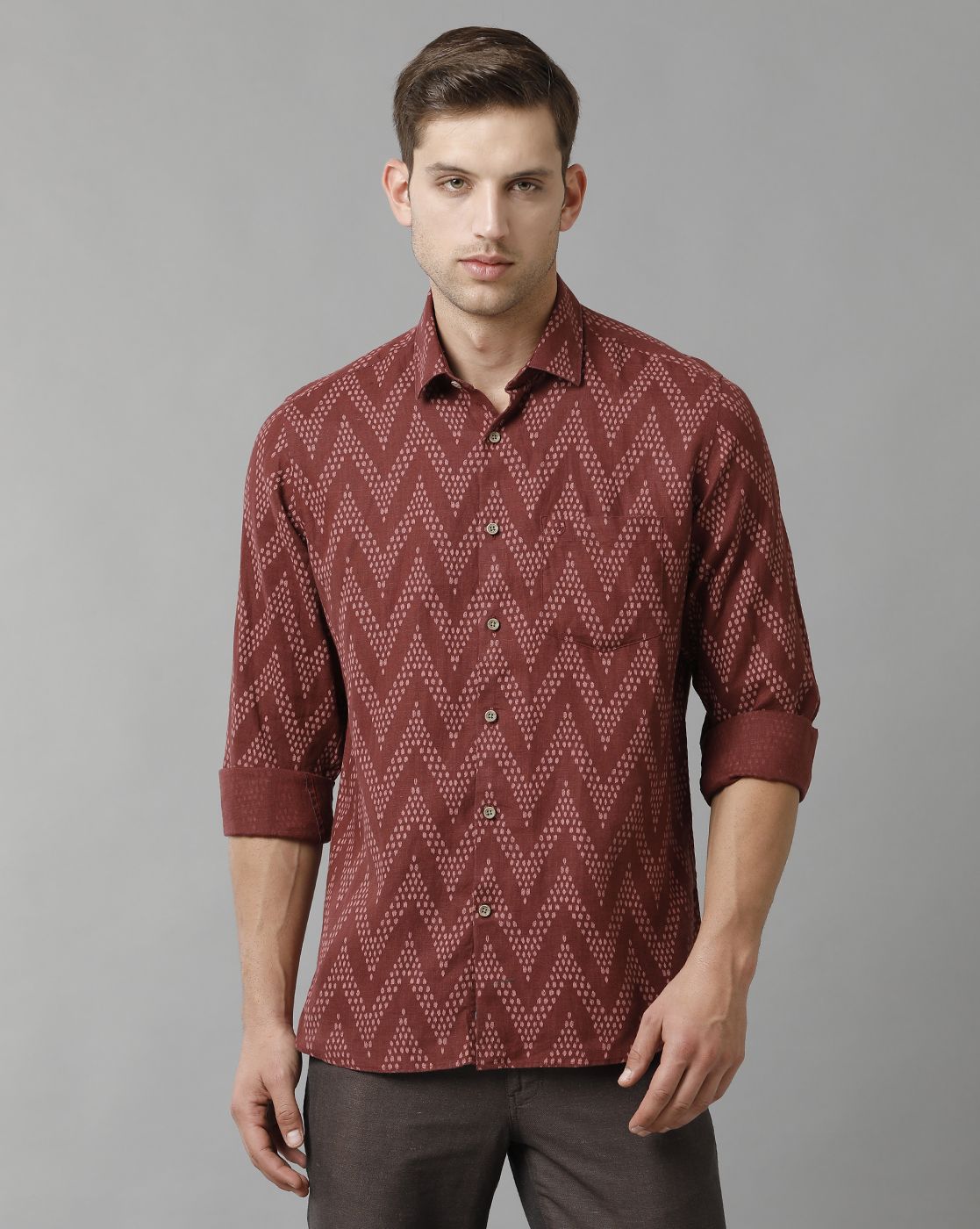 Men's Pure Linen Maroon Printed Contemporary Fit Full Sleeve Sleeve Casual Shirt