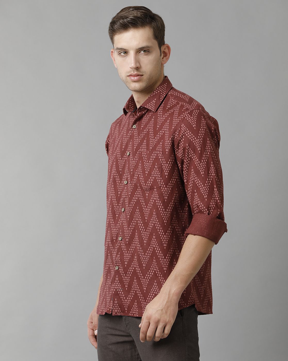 Men's Pure Linen Maroon Printed Contemporary Fit Full Sleeve Sleeve Casual Shirt