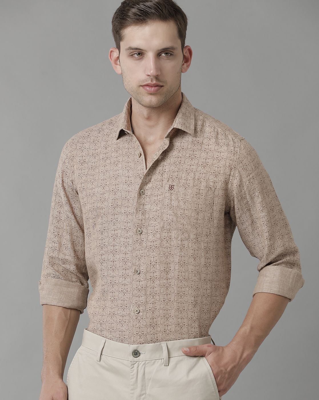 Men's Pure Linen Brown Printed Contemporary Fit Full Sleeve Sleeve Casual Shirt