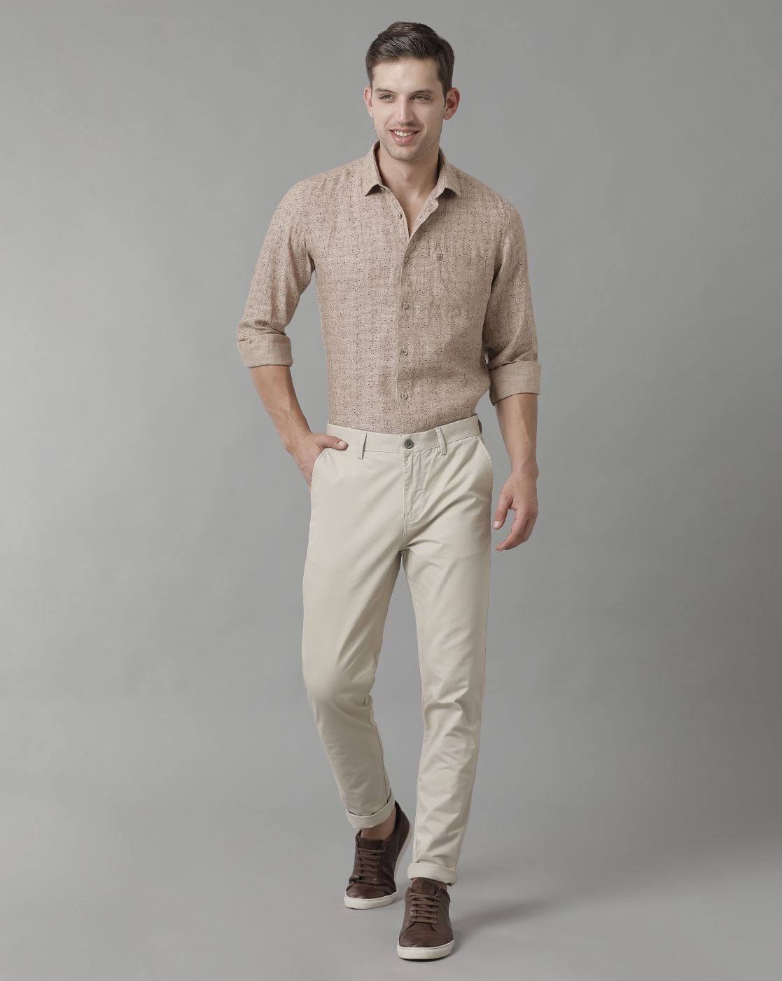 Men's Pure Linen Brown Printed Contemporary Fit Full Sleeve Sleeve Casual Shirt