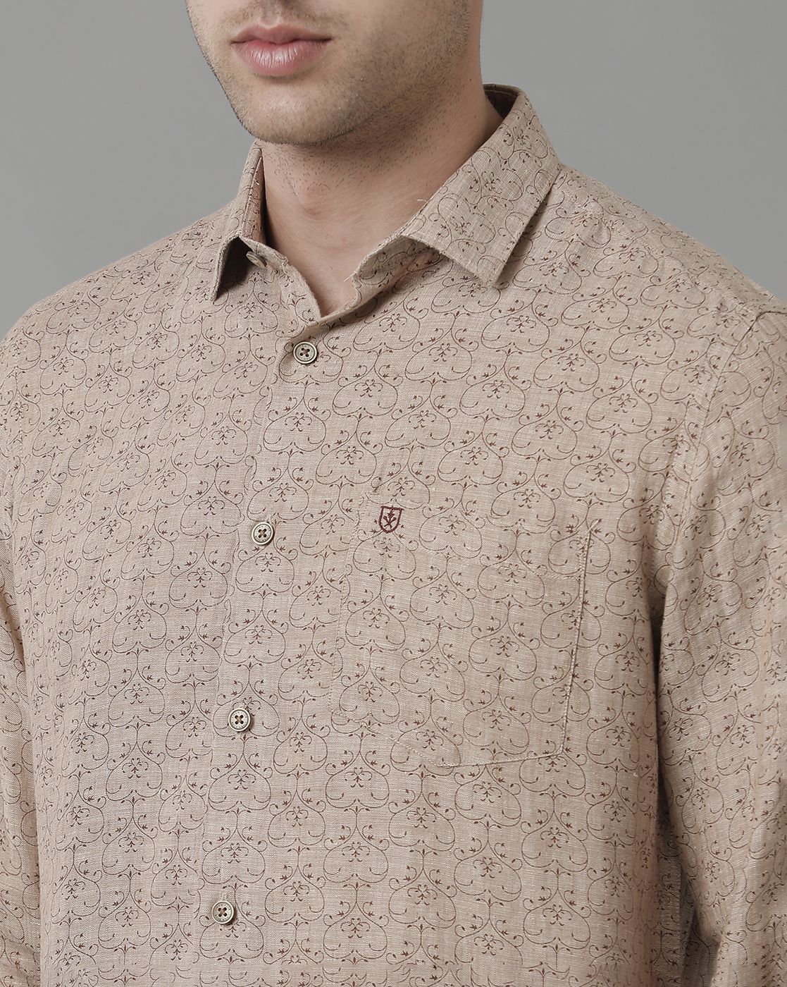 Men's Pure Linen Brown Printed Contemporary Fit Full Sleeve Sleeve Casual Shirt