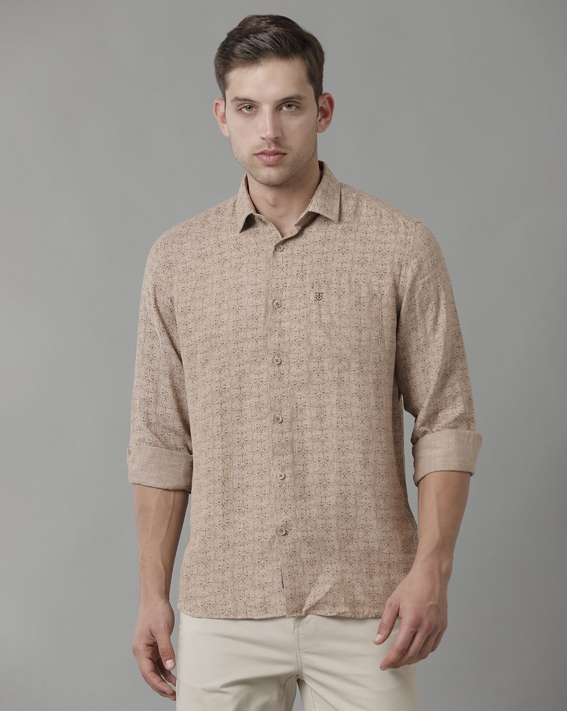 Men's Pure Linen Brown Printed Contemporary Fit Full Sleeve Sleeve Casual Shirt