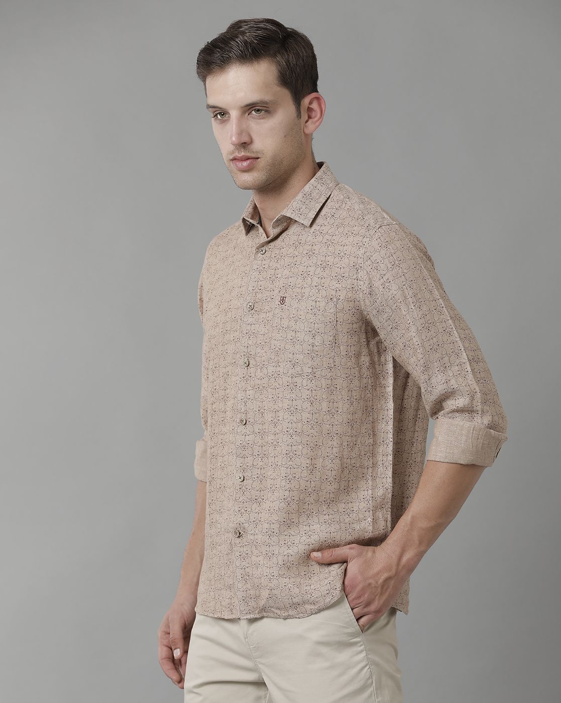 Men's Pure Linen Brown Printed Contemporary Fit Full Sleeve Sleeve Casual Shirt