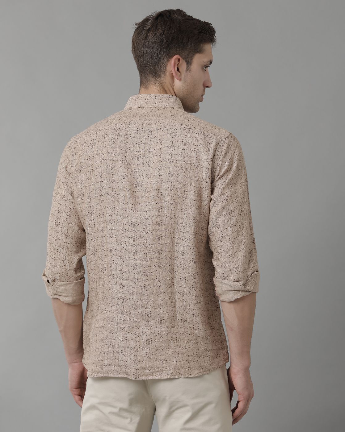 Men's Pure Linen Brown Printed Contemporary Fit Full Sleeve Sleeve Casual Shirt