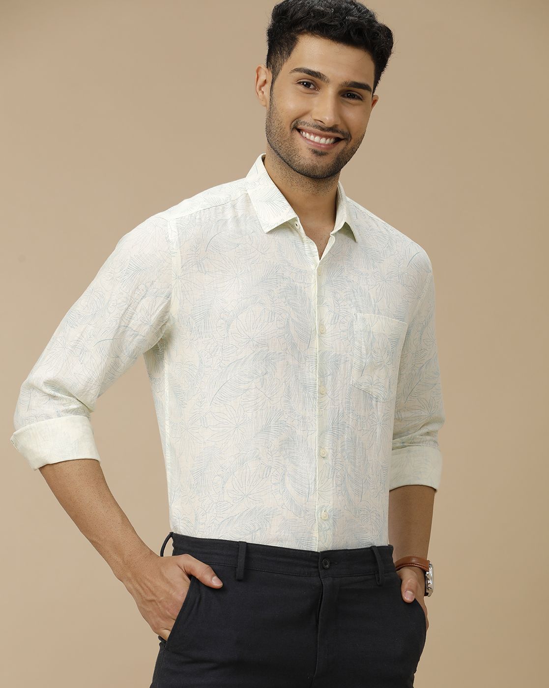Men's Pure Linen Off White Printed Contemporary Fit Full Sleeve Casual Shirt