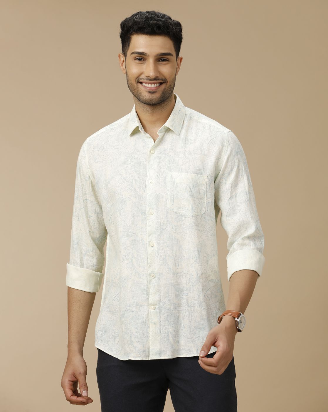 Men's Pure Linen Off White Printed Contemporary Fit Full Sleeve Casual Shirt