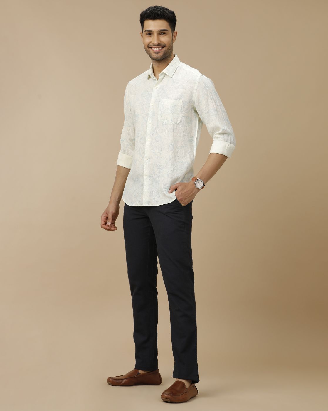 Men's Pure Linen Off White Printed Contemporary Fit Full Sleeve Casual Shirt