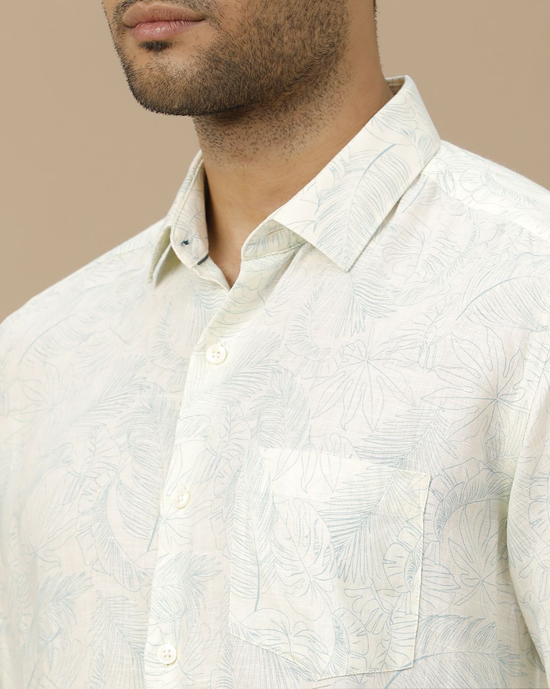 Men's Pure Linen Off White Printed Contemporary Fit Full Sleeve Casual Shirt