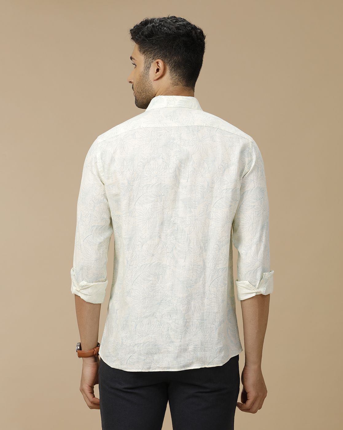 Men's Pure Linen Off White Printed Contemporary Fit Full Sleeve Casual Shirt