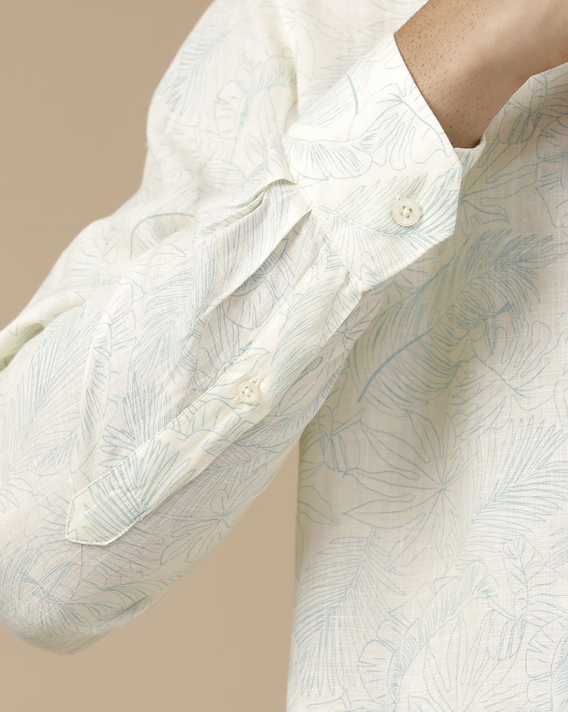 Men's Pure Linen Off White Printed Contemporary Fit Full Sleeve Casual Shirt