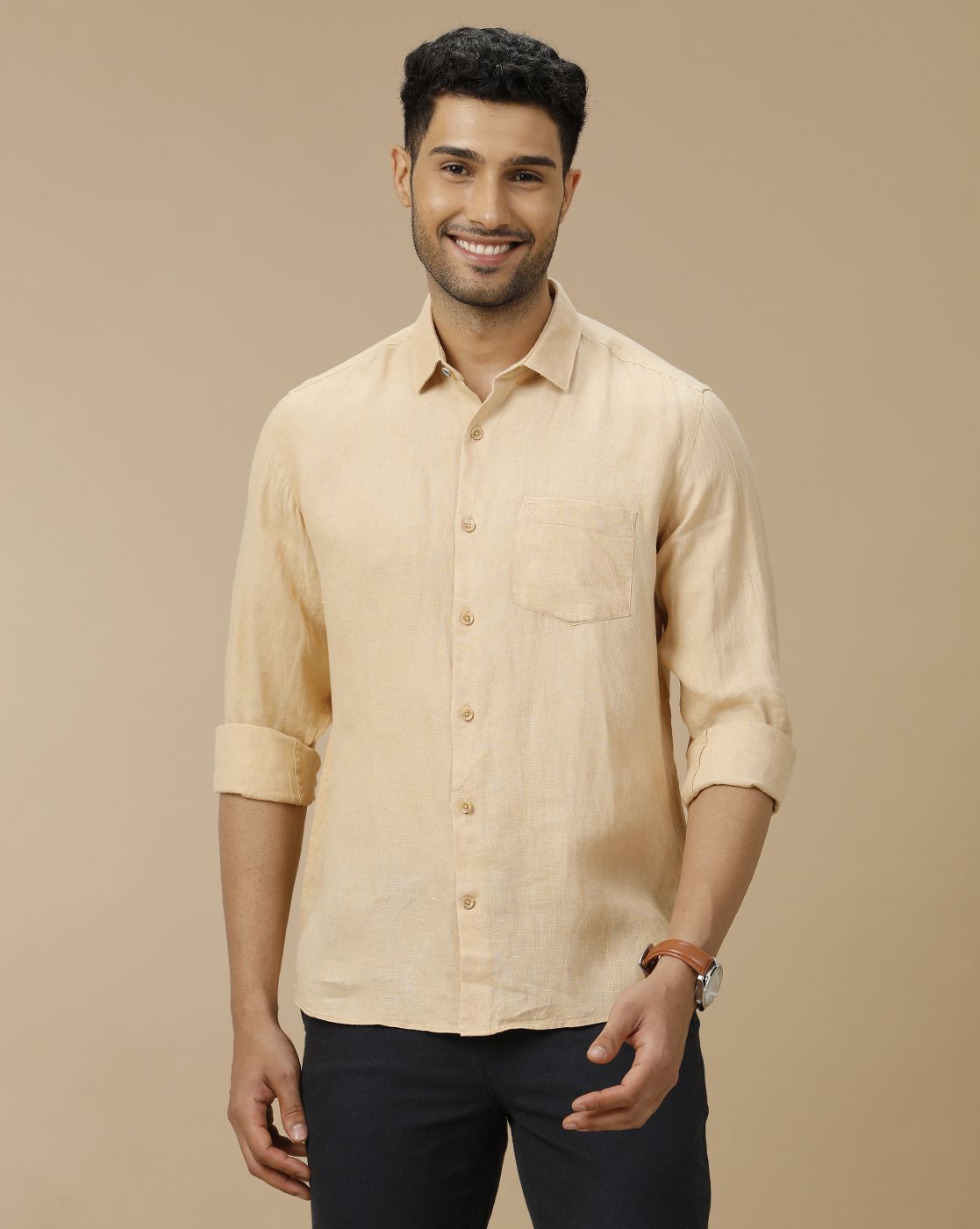 Men's Pure Linen Brown Solid Contemporary Fit Full Sleeve Casual Shirt