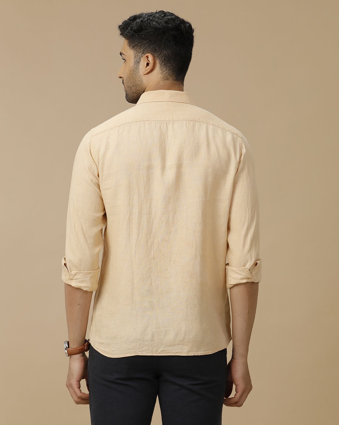 Men's Pure Linen Brown Solid Contemporary Fit Full Sleeve Casual Shirt