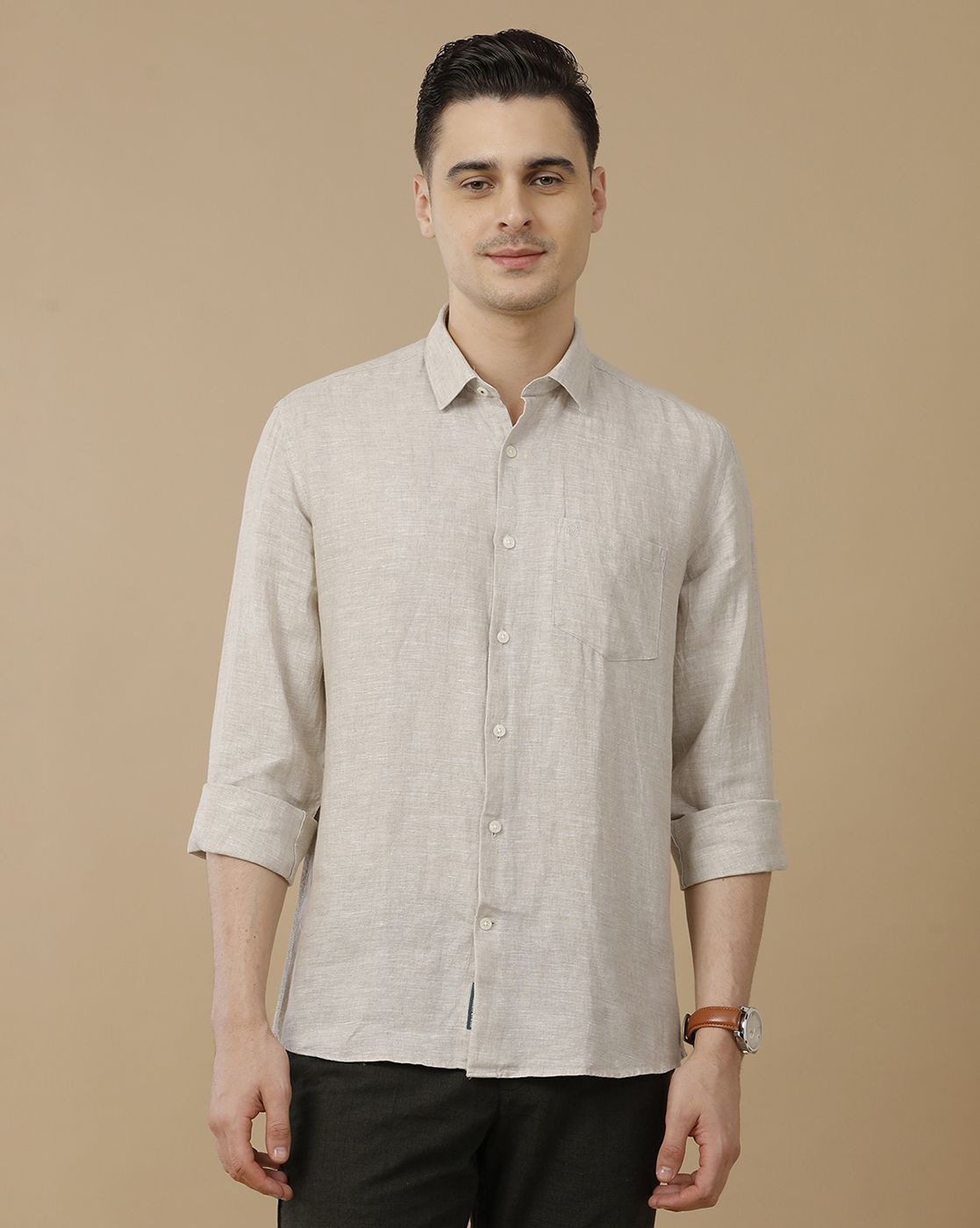 Men's Pure Linen Beige Solid Contemporary Fit Full Sleeve Casual Shirt