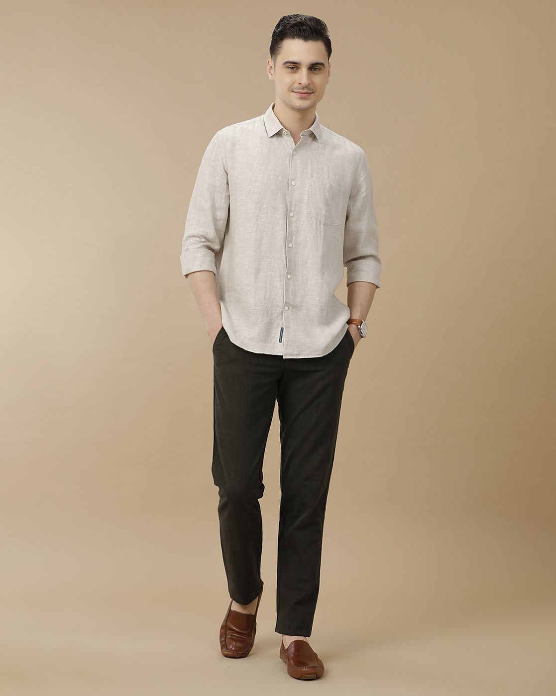 Men's Pure Linen Beige Solid Contemporary Fit Full Sleeve Casual Shirt
