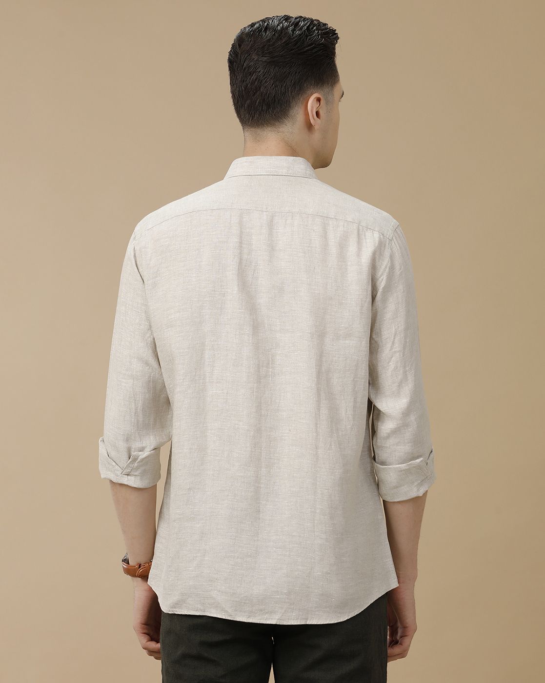 Men's Pure Linen Beige Solid Contemporary Fit Full Sleeve Casual Shirt