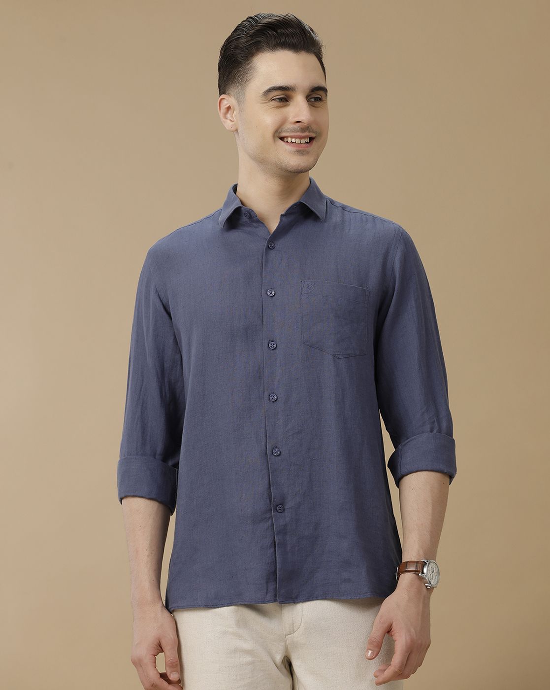 Men's Pure Linen Blue Solid Contemporary Fit Full Sleeve Casual Shirt