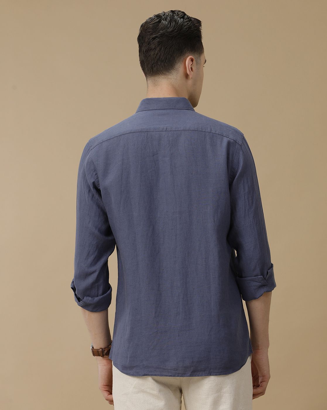 Men's Pure Linen Blue Solid Contemporary Fit Full Sleeve Casual Shirt