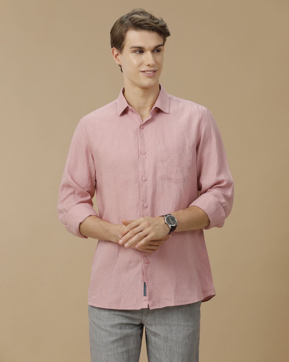 Men's Pure Linen Pink Solid Contemporary Fit Full Sleeve Casual Shirt