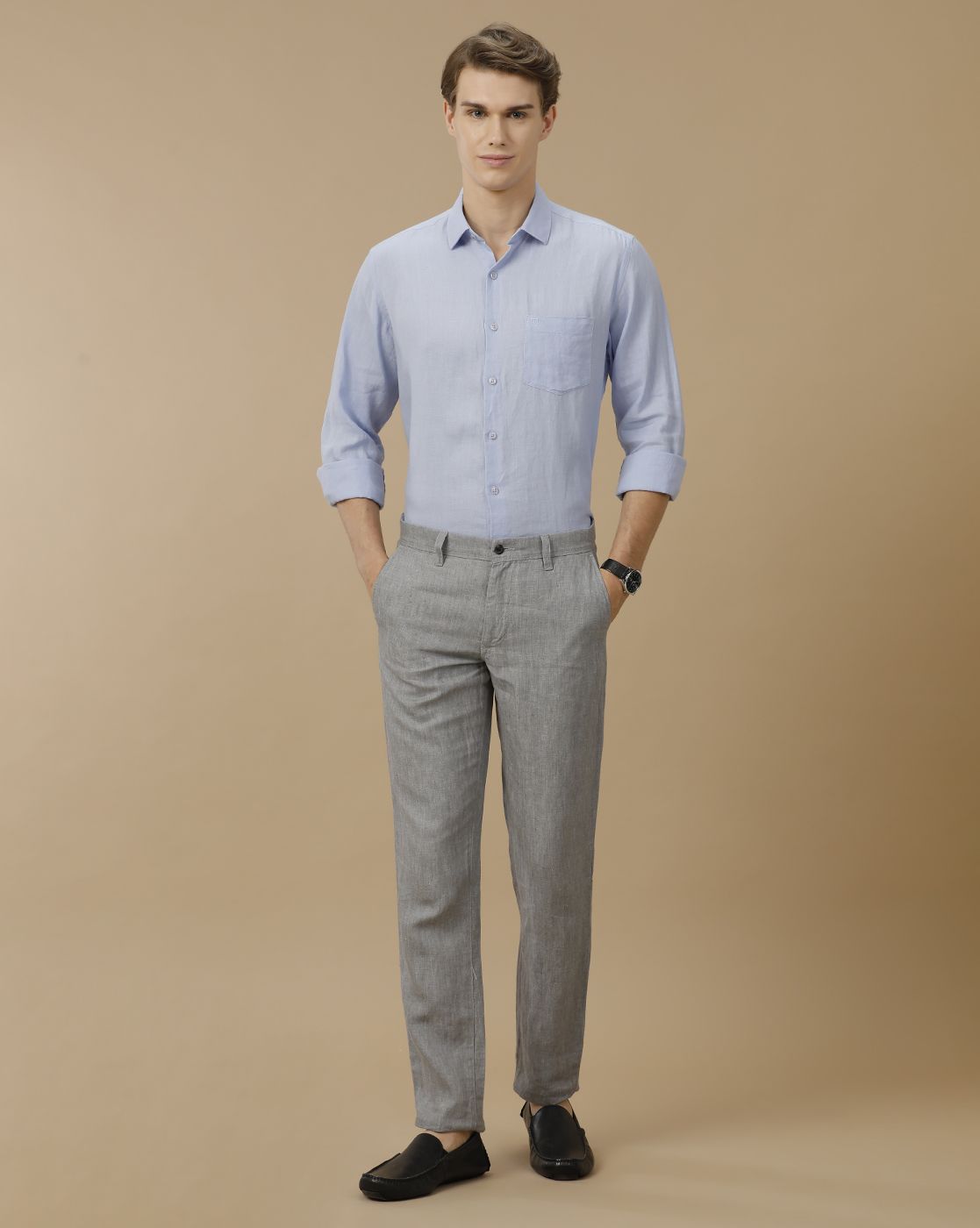 Men's Pure Linen Blue Solid Contemporary Fit Full Sleeve Casual Shirt