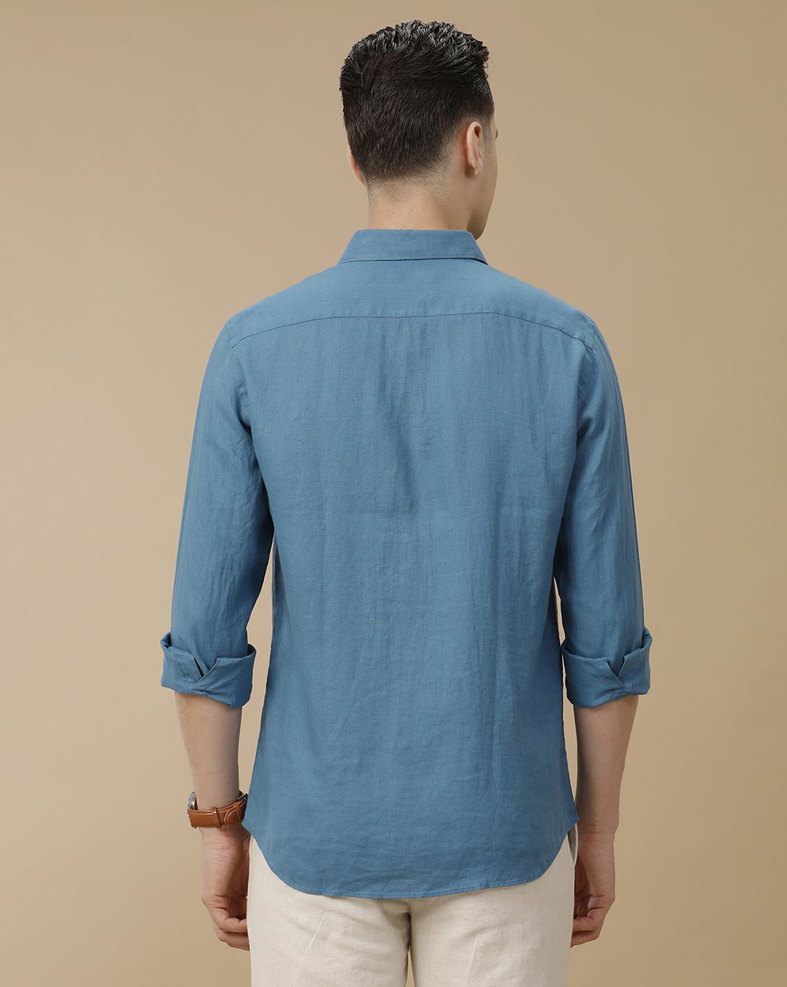 Men's Pure Linen Blue Solid Contemporary Fit Full Sleeve Casual Shirt
