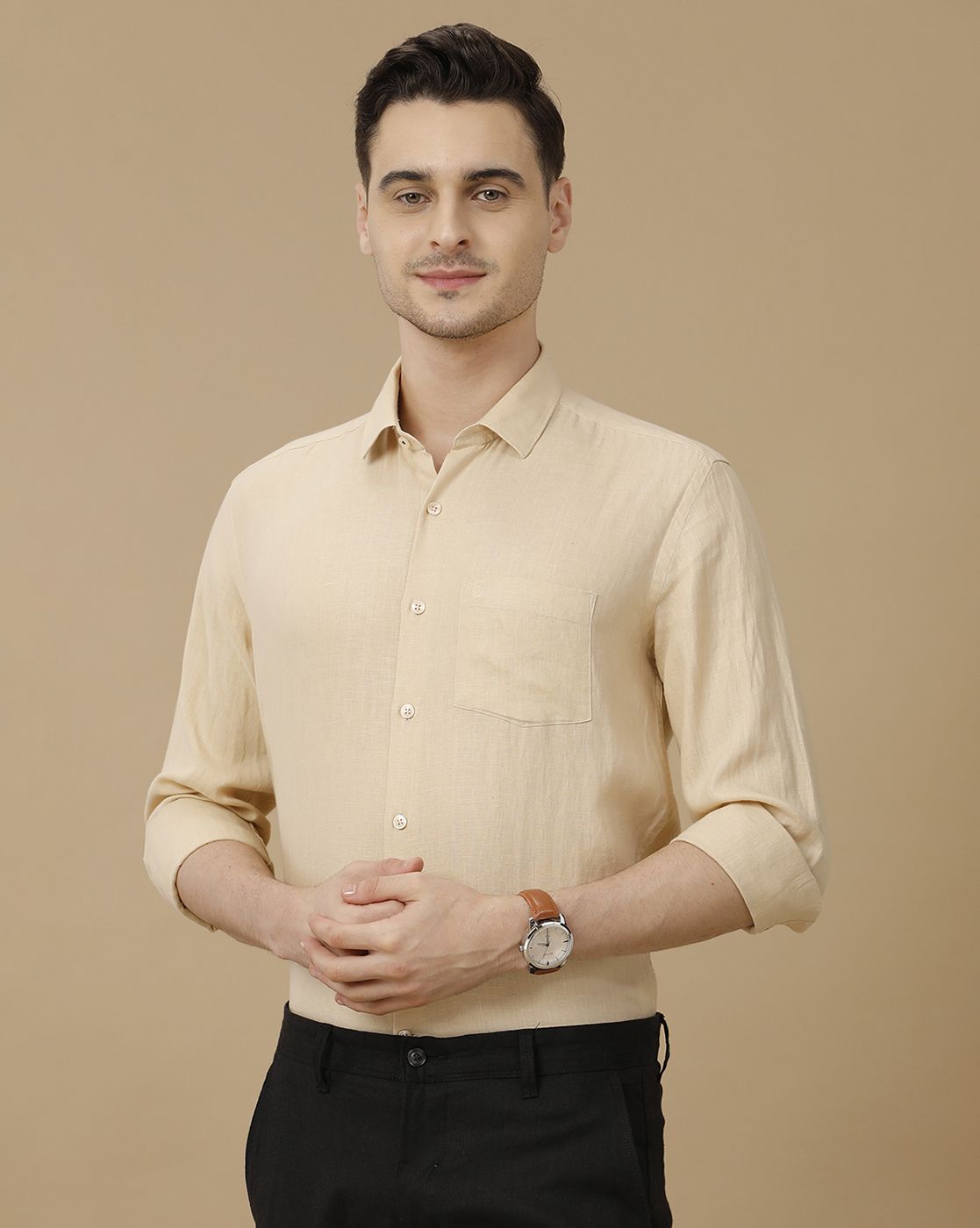 Men's Pure Linen Beige Solid Contemporary Fit Full Sleeve Casual Shirt