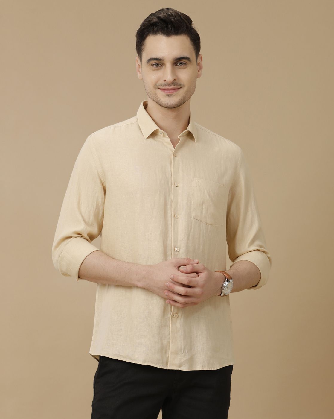 Men's Pure Linen Beige Solid Contemporary Fit Full Sleeve Casual Shirt