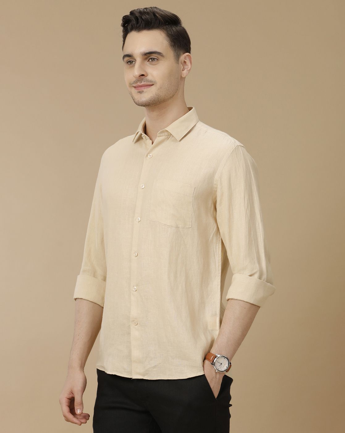 Men's Pure Linen Beige Solid Contemporary Fit Full Sleeve Casual Shirt